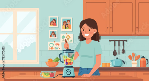 Joyful woman blending fresh fruits for a vibrant smoothie in bright kitchen