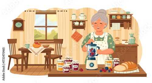Charming illustration showcasing a senior woman making a homemade berry smoothie