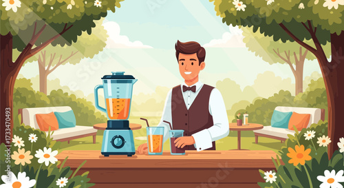 Elegant bartender blending colorful drinks in a serene outdoor setting, vector illustration