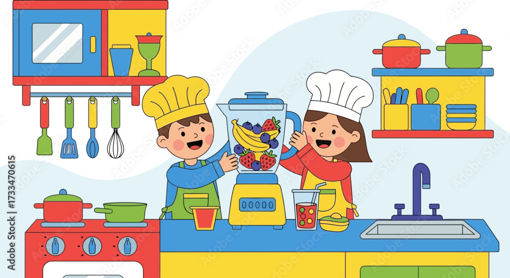 Naklejka premium Joyful cartoon illustration of children making smoothies in a brightly kitchen