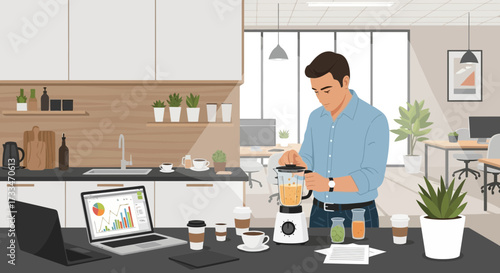 Smoothie Break in Modern Office Kitchen: A Healthy Lifestyle for the Busy Professional
