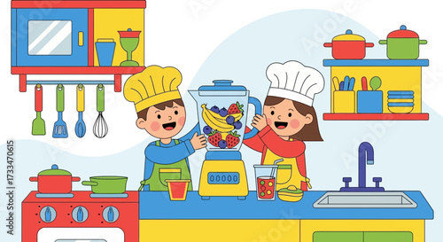 Joyful cartoon illustration of children making smoothies in a brightly kitchen