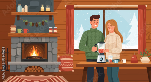 Cozy winter scene: couple making a smoothie in a warm cabin with a fireplace