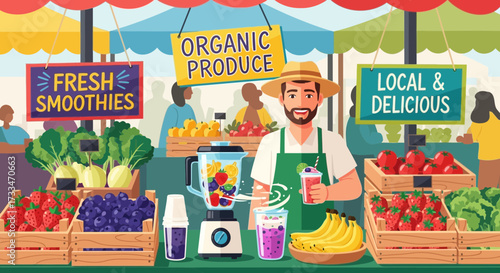 Vibrant farmer's market showcasing local organic produce and freshly made smoothies