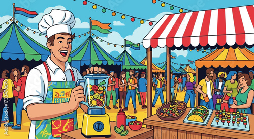 Vibrant food festival with chef preparing smoothie among festive stalls and crowd