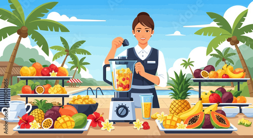 Tropical smoothie preparation at a poolside resort for a refreshing and healthy beverage
