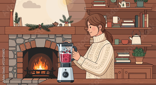 Woman prepares a berry smoothie in a cozy cabin, with a fireplace and warm ambiance