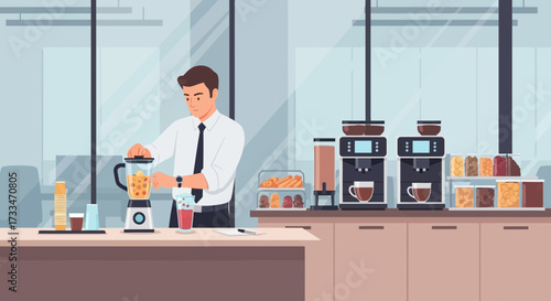 Office worker making a smoothie in the break room with kitchen appliances
