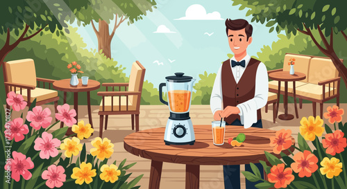 Outdoor refreshment: a waiter prepares a fruit smoothie in a garden setting