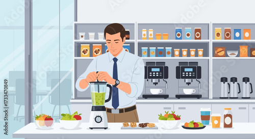 Professional man preparing healthy smoothie in office kitchen with modern appliances