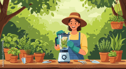 Illustration of a woman preparing an herbal concoction in her garden