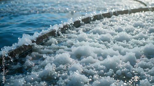 51.A detailed close-up of aeration tanks at a wastewater treatment plant, capturing the bubbling surface of the water as air is infused to facilitate purification. Sunlight reflects off the churning