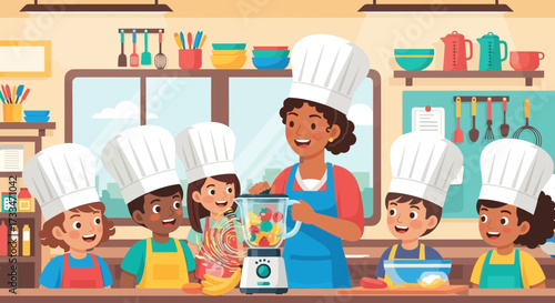 A group of children in a cooking class are preparing healthy smoothies