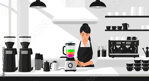 Minimalist Coffee Shop Illustration: Barista Prepares Colorful Smoothie in Modern Setting