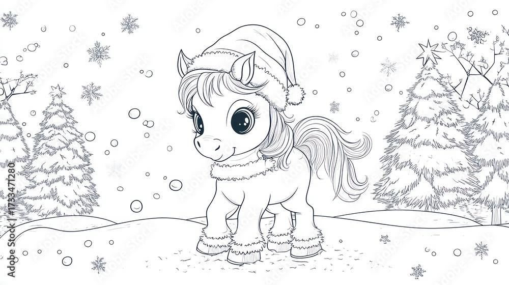 Obraz premium Cute pony in a Christmas hat, snowy landscape, coloring page. Snowy scene with stylized Christmas trees. Adorable pony