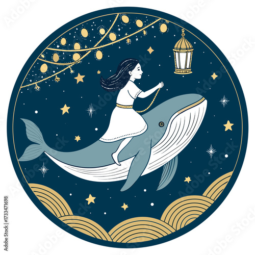 A girl rides a whale under a starry sky with lanterns.