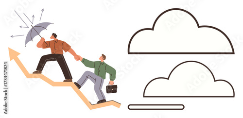 Two professionals climbing upward arrow, one shields with umbrella. Cloud hurdles below suggest obstacles. Ideal for teamwork, leadership, support, growth, resilience progress success. Simple flat