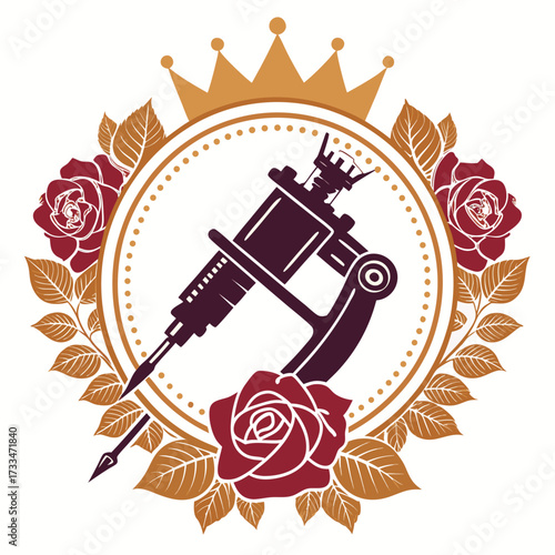 Tattoo machine with roses and crown emblem on a white background.