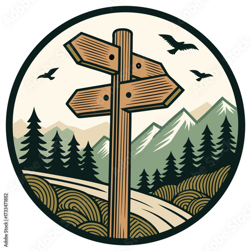 A vintage circular emblem depicting a wilderness landscape with a signpost.