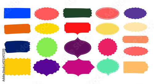 Collection of colorful grunge badge shapes features scalloped edges and oblong ovals for sticker or tag design element.