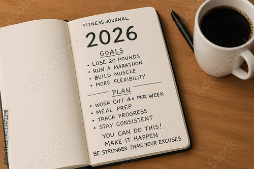  Fitness journal open to 2026 goal page with handwritten notes motivational planning on desk coffee cup personal development theme
