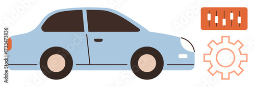 Blue compact car beside an orange cogwheel and data chart emphasizing automotive maintenance, analytics, repair, and efficiency. Ideal for technology, transport, innovation, mechanics, diagnostics