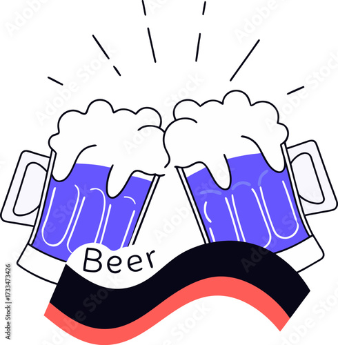Two beer mugs clinking together with foam and a banner illustration