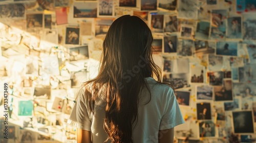 A person stands with their back to a wall covered in photographs, illuminated by warm light, evoking nostalgia and reflection.