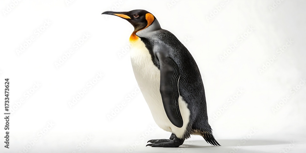 Fototapeta premium Majestic king penguin stands tall against a clean white background showcasing its distinctive plumage and elegant stance