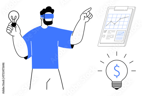 Man wearing VR headset holding lightbulb and gesturing towards clipboard with graphs. Ideal for innovation, technology, finance, data, creativity, analysis, futuristic concepts. Minimalistic flat
