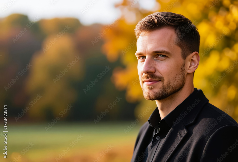 Obraz premium Outdoor autumn portrait of a handsome man with short light brown hair and trimmed beard, wearing a black jacket, standing in a sunlit field with golden foliage in the background.