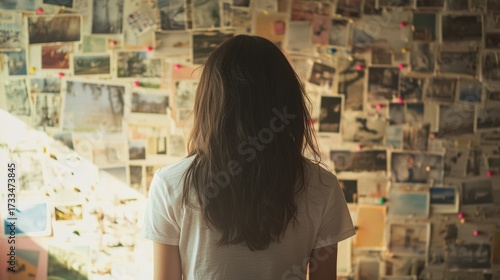 A person stands with their back to a wall covered in various photographs, immersed in memories and reflections.