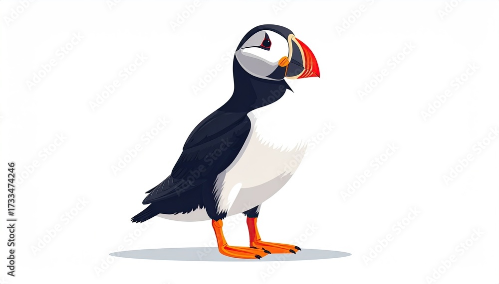 Naklejka premium Pixel Art Atlantic Puffin with Black and White Feathers Standing on White Background