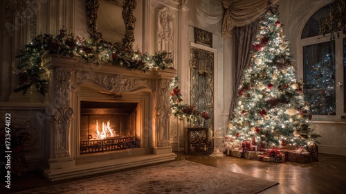 Wallpaper Mural Cozy Christmas Living Room with Tree and Warm Fireplace Glow Torontodigital.ca