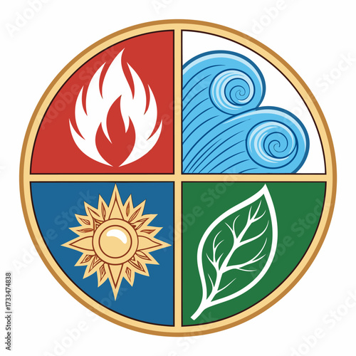 Circular emblem representing the four classical elements fire, water, earth, and air.