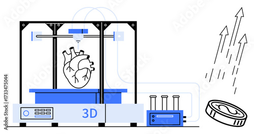 3D printer creating an anatomical heart next to a growth chart and coins. Ideal for technology, healthcare, medical research, innovation, biotechnology, future trends, investment. Simple flat