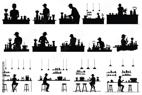 Barista making coffee and customers drinking coffee silhouettes