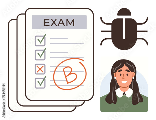 Test paper with grade B, checkmarks, and error cross icons, student portrait, and bug symbol, representing education, assessment, feedback mistakes learning analysis technical issues. Ideal