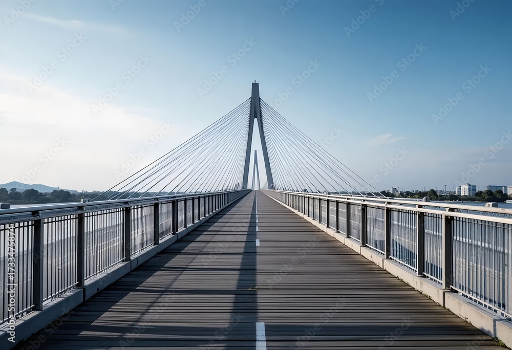 Obraz premium Modern pedestrian cable-stayed bridge under blue sky