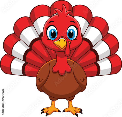 Cartoon turkey bird illustration, colorful red and white feathers, cute farm animal, Thanksgiving holiday design, festive symbol, isolated background, children drawing