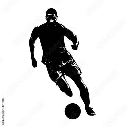 Black silhouette of a male soccer player running with football isolated on transparent background
