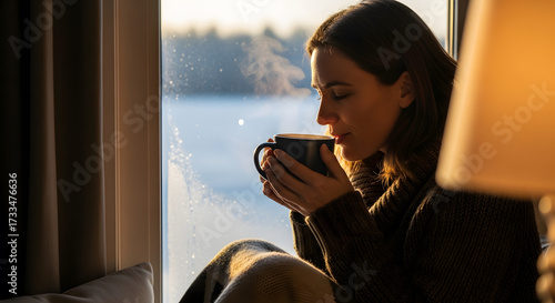 Content woman savoring hot beverage by window in wintertime warmth, finding peace in cozy indoor lifestyle moment