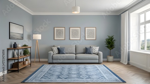 Serene Smoky Blue Living Room With Scandinavian Accents, Layered Textured Rugs, Sleek Minimalist Art, Cozy Modern Furniture, And Inviting Soft Lighting For Stylish Home Decor