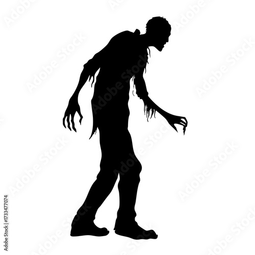 Black silhouette of walking zombie with outstretched arms and ragged clothes isolated on transparent background