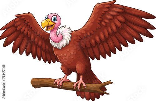 Cartoon vulture perched on branch, friendly bird illustration, pink head, expressive eyes, wide wings, humorous animal art, nature character