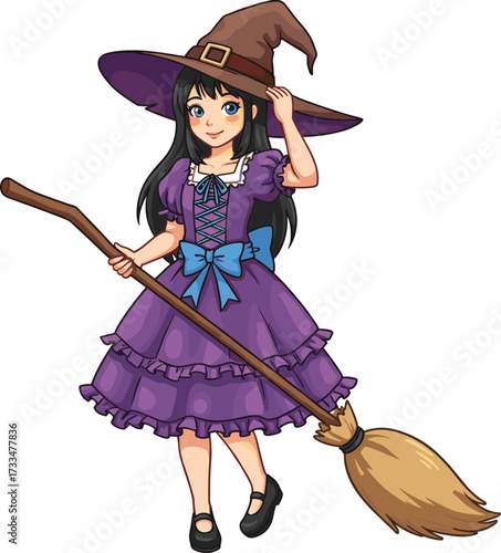 Cartoon witch girl wearing purple dress, holding broomstick, cute Halloween character, magical fantasy illustration, smiling young witch costume art