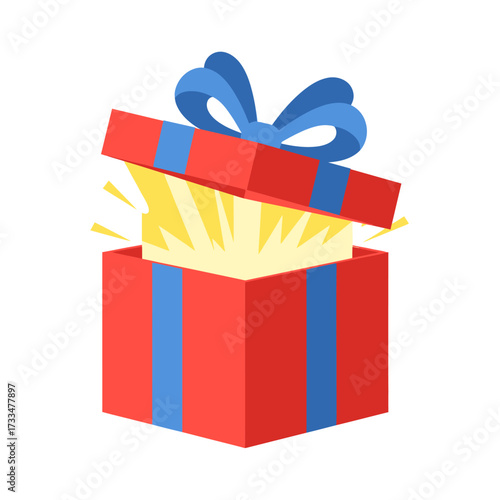 Open Red Gift Box with Blue Ribbon and Shining Light.