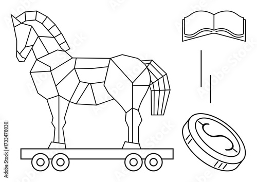 Geometric Trojan horse on wheels, an open book, and a coin. Ideal for strategy, deception, cybersecurity, education, finance learning history. A simple flat metaphor