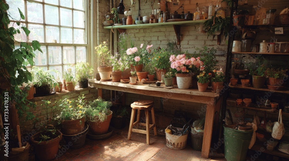 Fototapeta premium Image of various potted plants arranged on a table and shelves in the background.