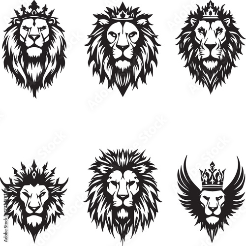 Black and white crowned lion head illustration set with unique mane styles heraldic royal strength vector design